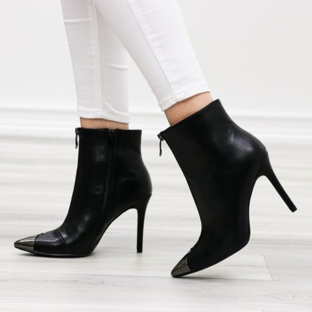 Pointy Toe Ankle Black Boots Faux Leather - Picture 9 of 14